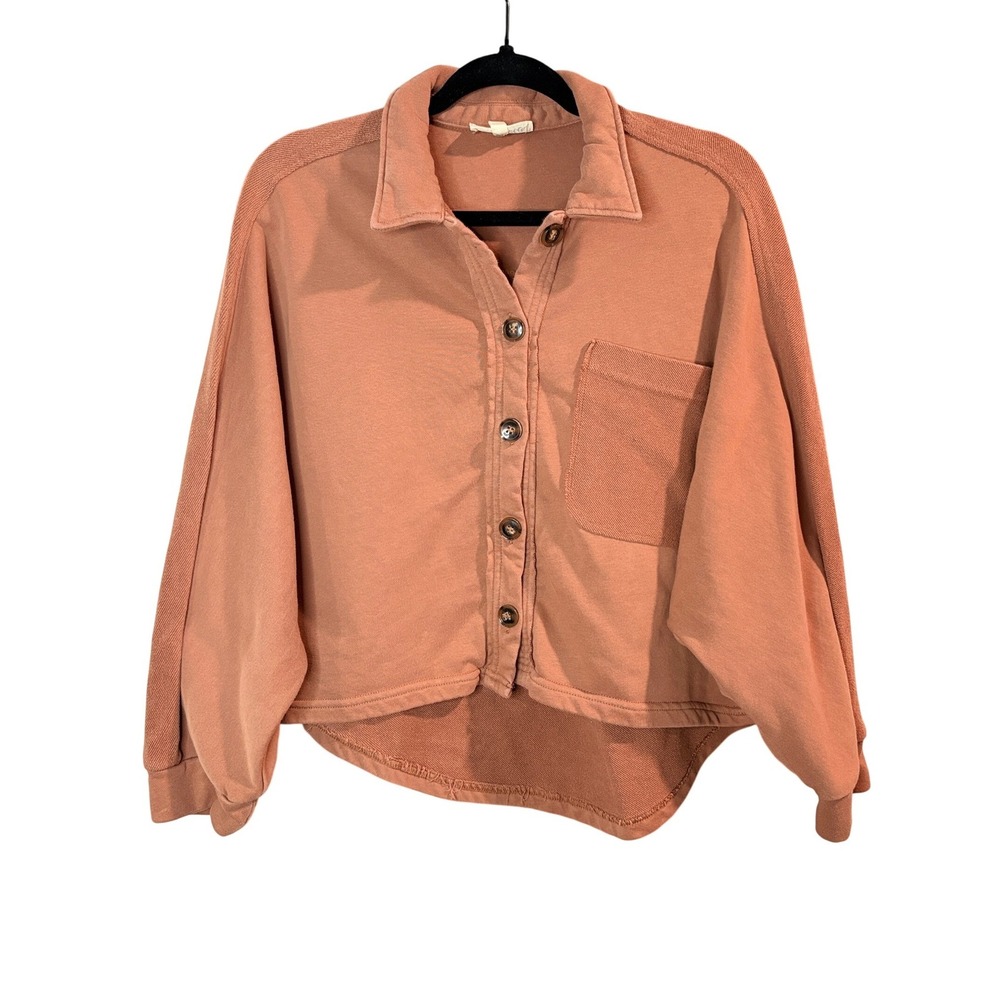 Listicle Women Small Terracotta Knit Button Down Shacket Raw Hem Boho Rust Shirt